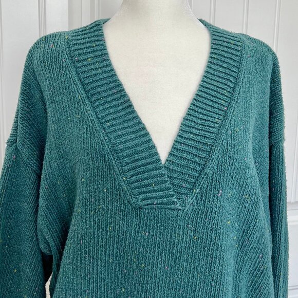 Abound Nordstrom Chunky Knit Color Fleck Emerald Green V-Neck Ribbed Hem Sweater - Picture 4 of 10